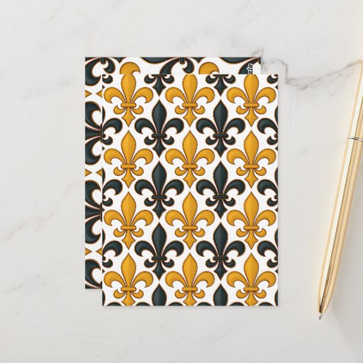 Yellow Black Baroque Fleur-de-lis Pattern Design  ポストカード (正面/裏面インサイチュ)