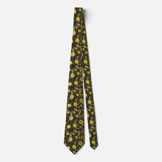 Yellow black elegant ditsy floral pattern ネクタイ (正面)