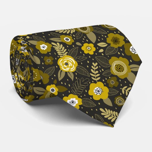 Yellow black elegant ditsy floral pattern ネクタイ (ロール)