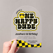 Yellow Black Retro One Happy Dude 1st Birthday アクリル招待状 (インサイチュ (ポータブル))