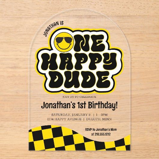 Yellow Black Retro One Happy Dude 1st Birthday アクリル招待状 (正面)