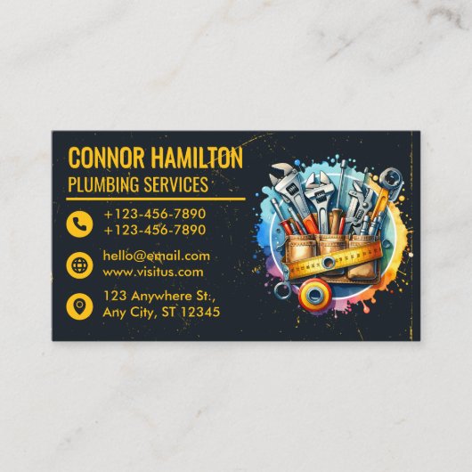 Yellow Black Watercolor Plumbing Tools 名刺 (正面)