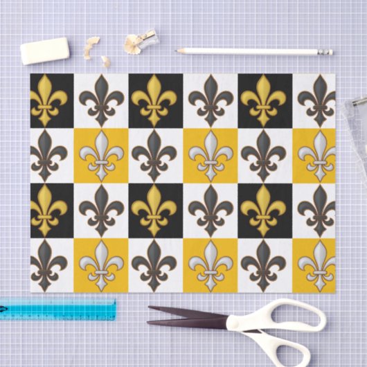 Yellow Black White Checkered Fleur-de-lis Design  薄葉紙 (クラフト)