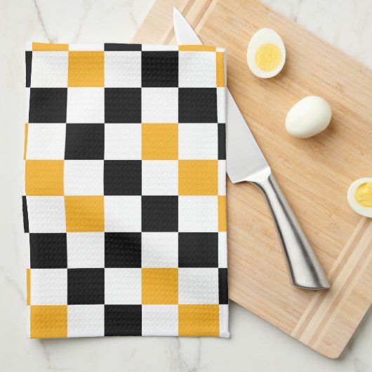 Yellow Black White Checkered Pattern Design  キッチンタオル (四つ折り)