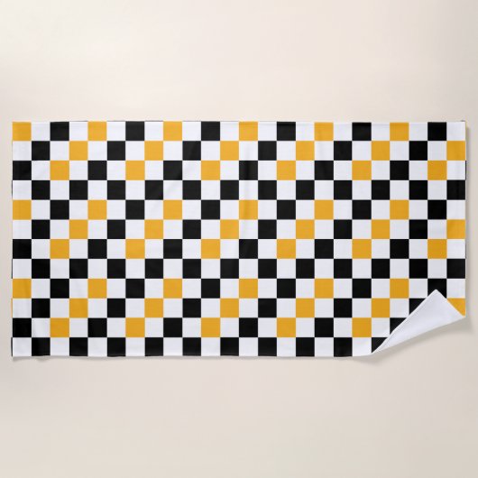Yellow Black White Checkered Pattern Design  ビーチタオル (正面)