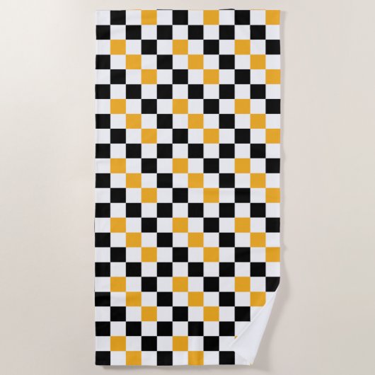 Yellow Black White Checkered Pattern Design  ビーチタオル (正面)