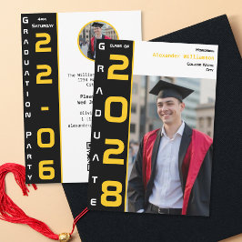Yellow Black White Graduation Photo QR Code Party 招待状