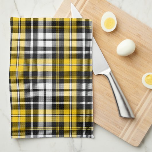 Yellow Black White Plaid Tartan Pattern Design  キッチンタオル (四つ折り)