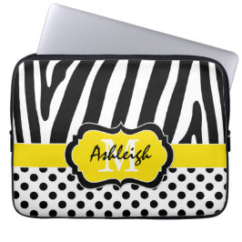 Yellow Black Zebra Stripes Polka Dots Laptop Case ラップトップスリーブ