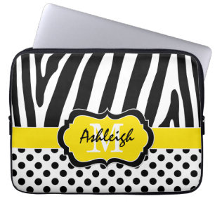 Yellow Black Zebra Stripes Polka Dots Laptop Case ラップトップスリーブ