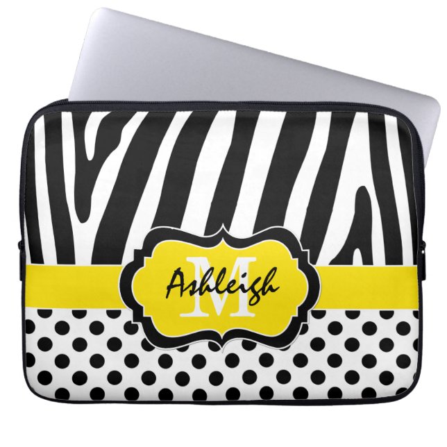 Yellow Black Zebra Stripes Polka Dots Laptop Case ラップトップスリーブ (正面)