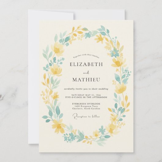 Yellow Blue Floral Flourish Wedding 招待状 (正面)