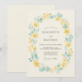 Yellow Blue Floral Flourish Wedding 招待状 (正面/裏面)