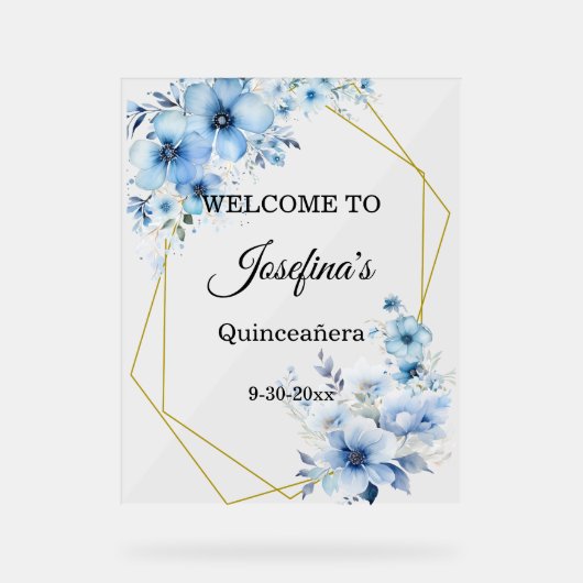 Yellow blue floral Quinceanera Welcome アクリルサイン (正面)