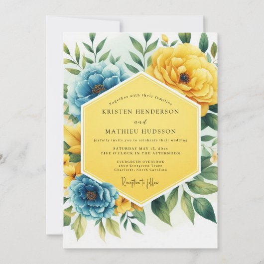 Yellow Blue Floral Whimsy Wedding 招待状 (正面)