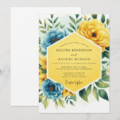 Yellow Blue Floral Whimsy Wedding 招待状 (正面/裏面)