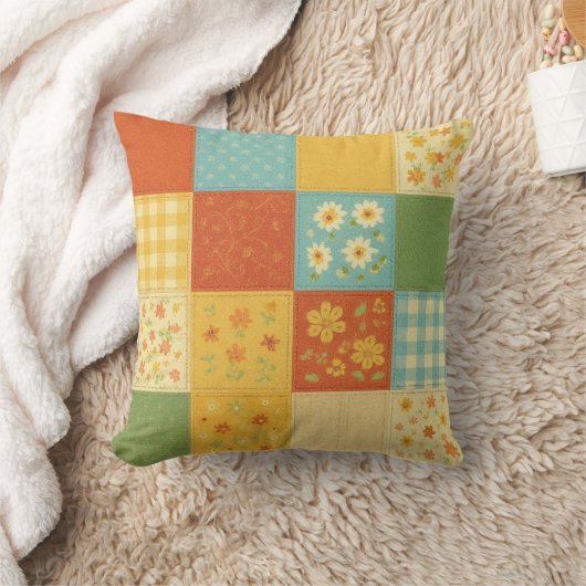 Yellow Blue Patchwork Quilt Rustic Farmhouse  クッション (ブランケット)