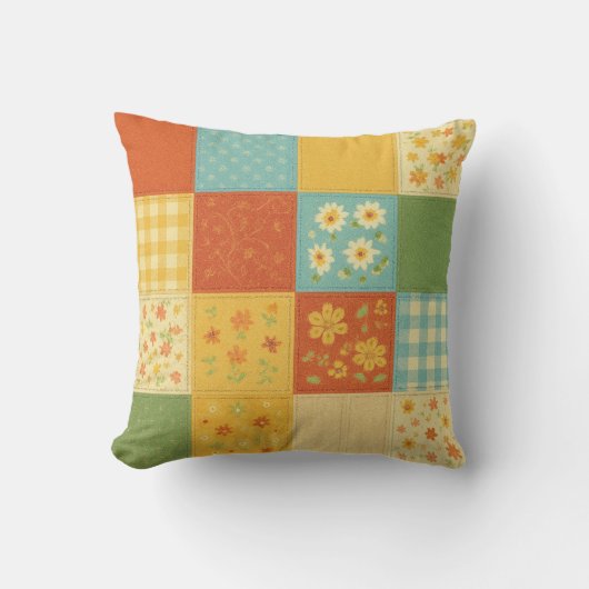 Yellow Blue Patchwork Quilt Rustic Farmhouse クッション (正面)