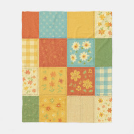 Yellow Blue Patchwork Quilt Rustic Farmhouse Flora フリースブランケット