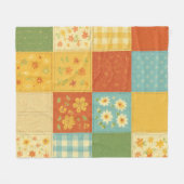 Yellow Blue Patchwork Quilt Rustic Farmhouse Flora フリースブランケット (正面(横))