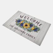 Yellow Blue Sunflower Bouquet White Wood Welcome ドアマット (アングル)