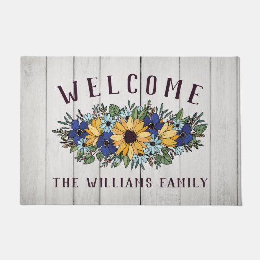 Yellow Blue Sunflower Bouquet White Wood Welcome ドアマット (正面)