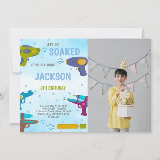 Yellow Blue Water Gun Invitations with photo 招待状 (正面)