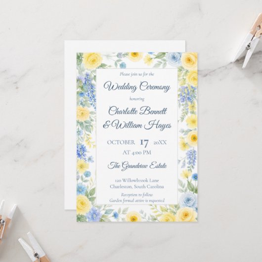 Yellow Blue Watercolor Floral Invitation 招待状 (正面/裏面インサイチュ)