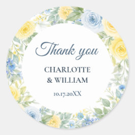 Yellow Blue Watercolor Floral Thank You Sticker ラウンドシール