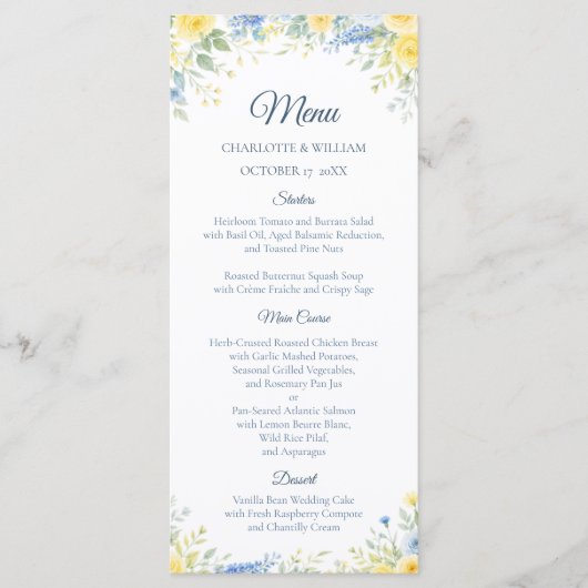 Yellow Blue Watercolor Floral Wedding Menu メニュー (正面)