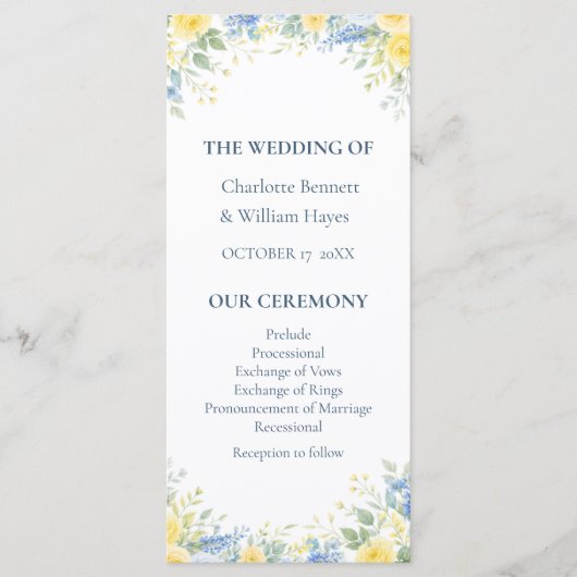 Yellow Blue Watercolor Floral Wedding Program プログラム (正面)