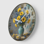 Yellow & Blue Wildflower Elegant Botanical Vase De ラージ壁時計 (傾斜)