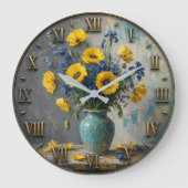 Yellow & Blue Wildflower Elegant Botanical Vase De ラージ壁時計 (正面)