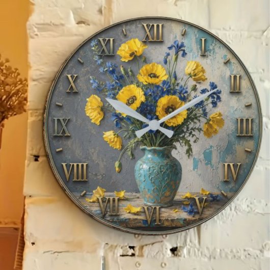 Yellow & Blue Wildflower Elegant Botanical Vase De ラージ壁時計