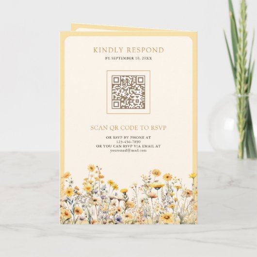 Yellow Boho Wildflower QR Code Wedding 招待状 (裏面)