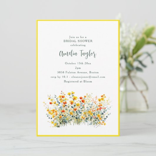 Yellow Border Wildflower Spring Bridal Shower 招待状 (スタンド正面)