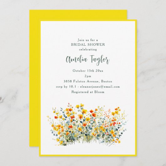 Yellow Border Wildflower Spring Bridal Shower 招待状 (正面/裏面)