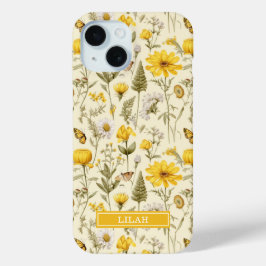 Yellow Botanical Watercolor Floral Name iPhone 15ケース