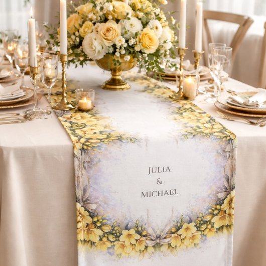 Yellow Botanical Wreath Wedding Decor Newlyweds ロングテーブルランナー