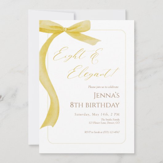 Yellow Bow Eighth Birthday Invitation 招待状 (正面)