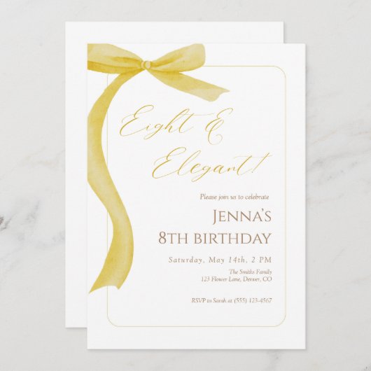 Yellow Bow Eighth Birthday Invitation 招待状 (正面/裏面)
