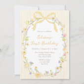 Yellow Bow Floral Stripes Birthday 招待状 (正面)