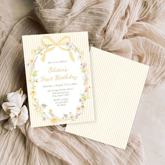 Yellow Bow Floral Stripes Birthday 招待状