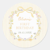 Yellow Bow Floral Stripes Birthday Sticker ラウンドシール (正面)