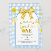 Yellow Bow Sweet 1 Lemon Blue and Yellow Birthday 招待状 (正面/裏面)