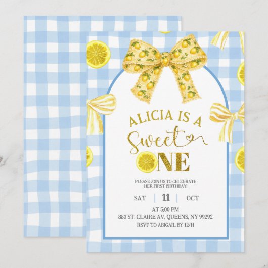 Yellow Bow Sweet 1 Lemon Blue and Yellow Birthday 招待状 (正面/裏面)