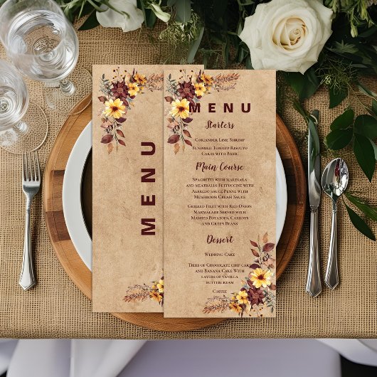 Yellow Burgundy Fall Wedding Reception Dinner Menu メニュー