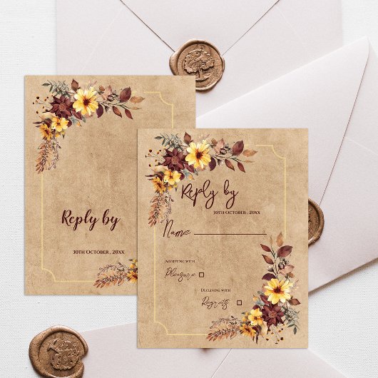 Yellow & Burgundy Floral Autumn Fall Wedding 出欠カード