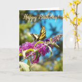 Yellow Butterfly on Pink Flowers Birthday カード (黄色い花)