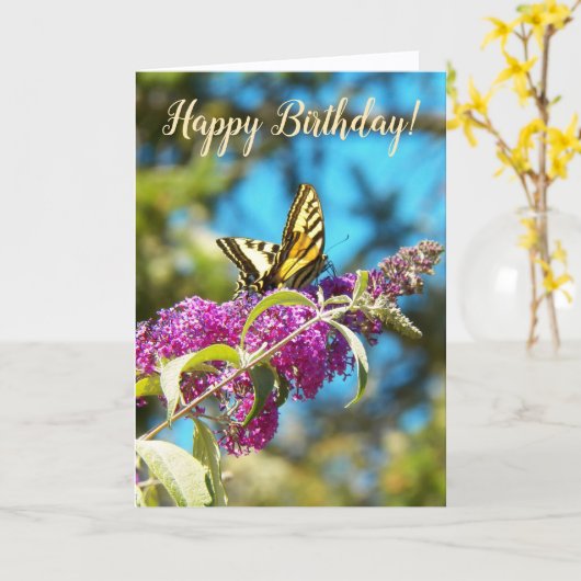 Yellow Butterfly on Pink Flowers Birthday カード (黄色い花)
